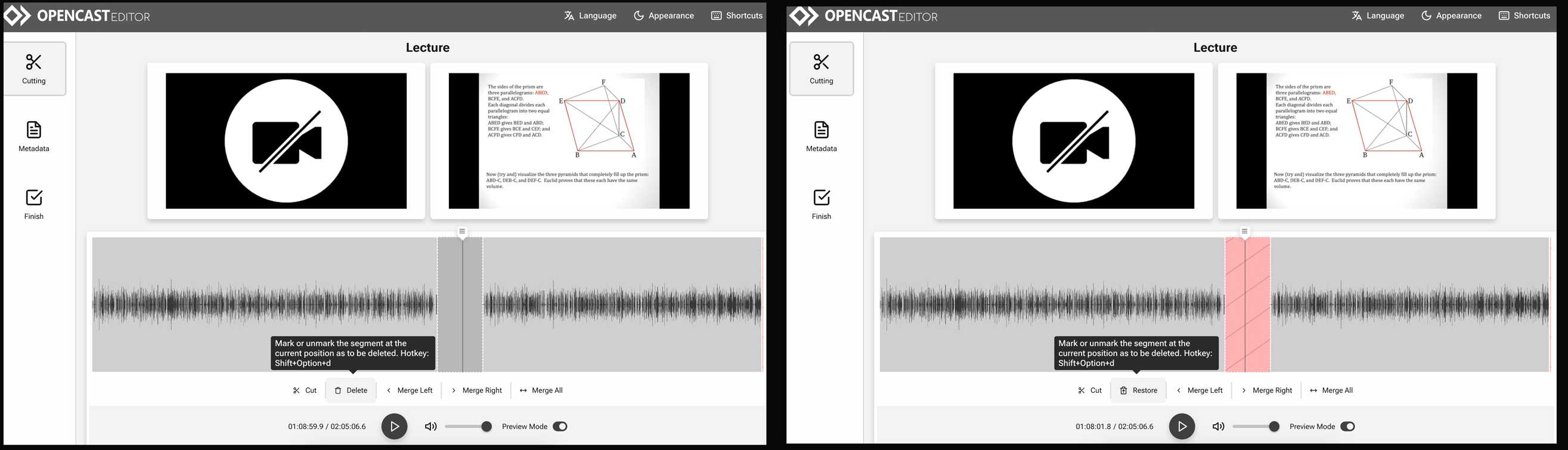 openCast Edit interface showing Delete and Merge
