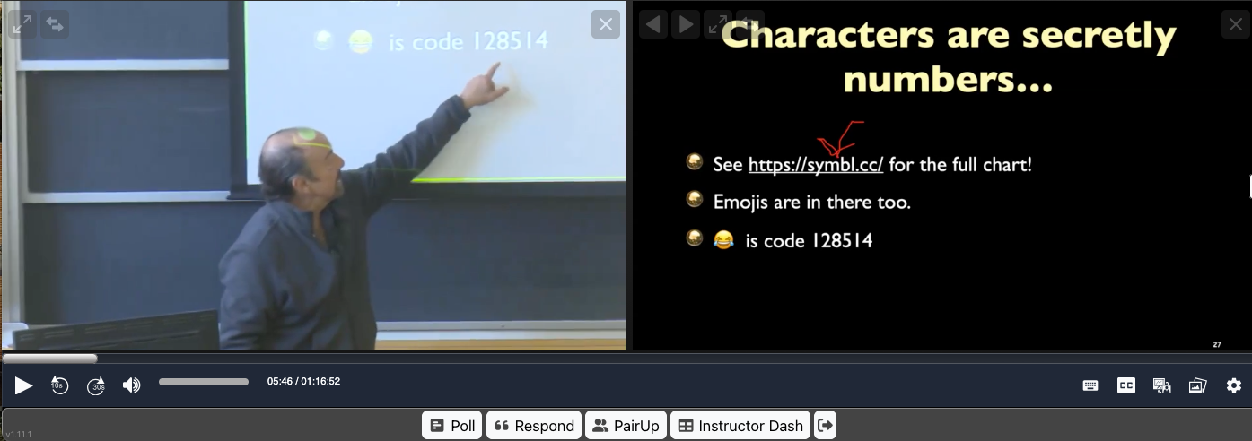  Video player displaying two windows side by side and video controls along the bottom. The left window&nbsp;shows a professor teaching in a classroom and pointing to information displayed on the projection screen. The right window shows a clear image of the&nbsp;slide which is on the screen.&nbsp;
