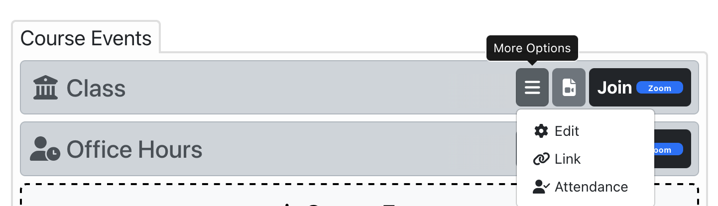 Gather course events list. Select “Link” in the “More Options” menu for your secure shareable link