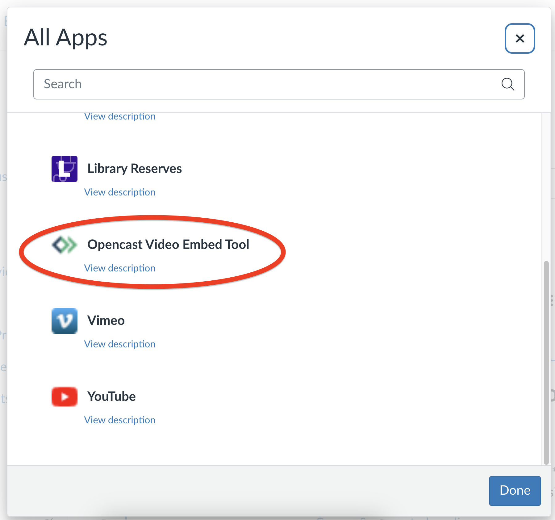 A window titled “All Apps.” Below the title is a search bar, followed by a list including “Library Reserves,” “Opencast Video Embed Tool,” “Vimeo,” and “YouTube.”