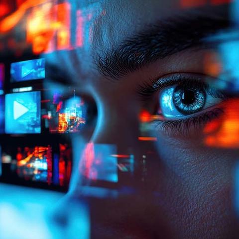 collage of human eye superimposed over bank of media screens used here to evoke ideas of free expression, free inquiry and intellectual honesty