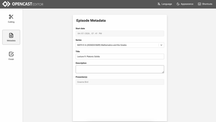 OpenCast Editor window with the “Metadata” button selected