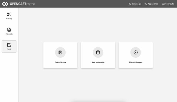 OpenCast Editor window with the “Finish” button selected