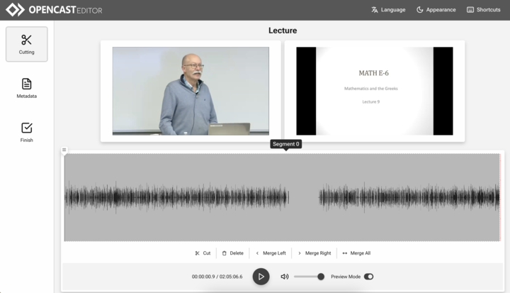 computer screen with two windows on top: a professor speaking and a presentation slide. Below is an interface with audio waveform, and 12 edit buttons