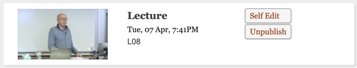 A single entry on the OpenCast video listing page, with two buttons on the right, “Self Edit” and “Unpublish.”