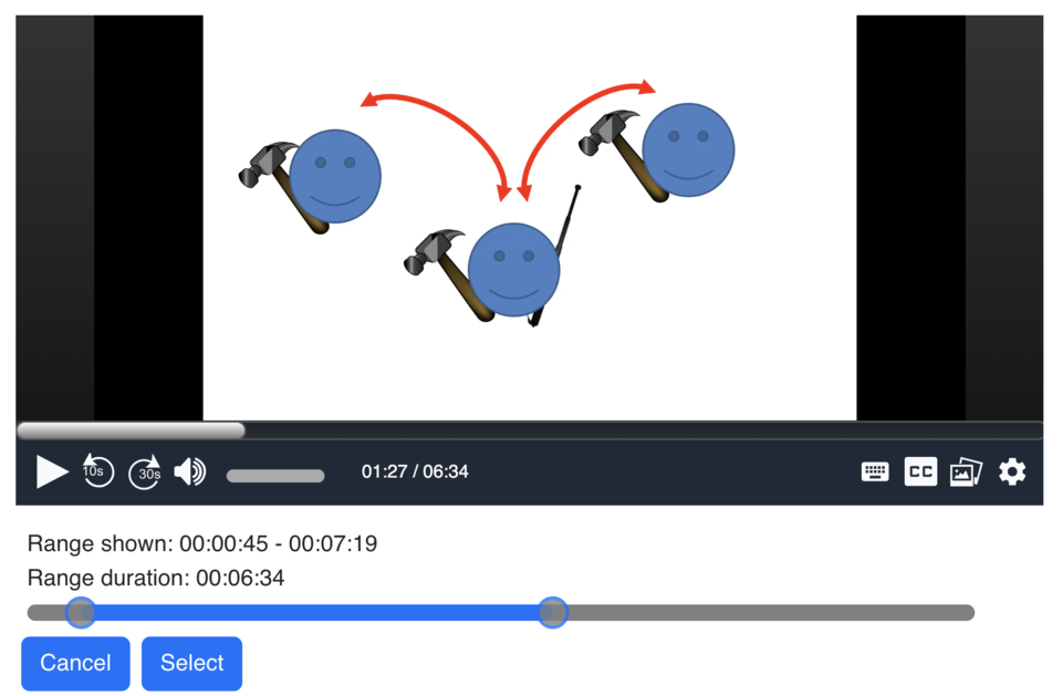 A video player containing an image of three blue smiley faces holding hammers, with arrows drawn between them. Controls at the bottom of the player include a Play icon, icons to rewind 10 seconds or advance 30 seconds, icon for audio, volume indicator, video timestamp, video length, keyboard shortcut icon, closed captions icon, video layout icon, and gear icon. Below the player text reads “Range shown: 00:00:45 - 00:07:19, Range duration: 00:06:34.” Under the text is a gray bar with two sliders. The area be