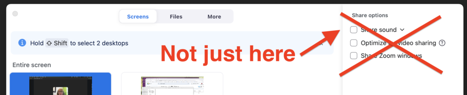 Screen shot of the  Zoom client popup window for screen sharing selections. The menu in the upper right has Share Options listed; the top one is “Share sound”. The menu has a large red X over it and large red text reads “Not just here” with an arrow to the “Share sound” option.