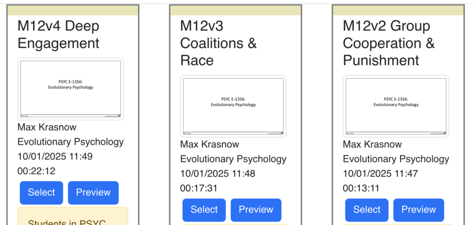 Three video tiles, each containing the video title, a thumbnail image, file metadata, and two blue buttons labeled “Select” and “Preview”. Metadata lists a person’s name, course title, date, time, and video length.